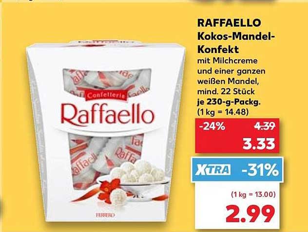 RAFFAELLO Kokos-Mandel-Konfekt mit Milchcreme und einer ganzen weißen Mandel, mind. 22 Stück je 230-g-Packg.