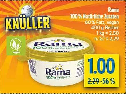 Rama 100% Natürliche Zutaten 60% Fett, vegan 400 g Becher 1 kg = 2,50 n. G. = 2,29