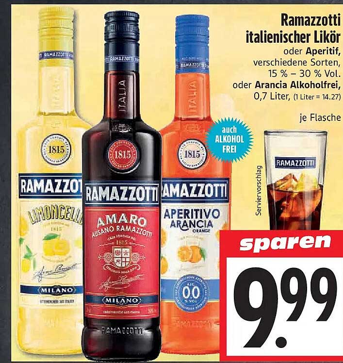 Ramazzotti italienischer Likör oder Aperitif, verschiedene Sorten, 15 % – 30 % Vol. oder Arancia Alkoholfrei, 0,7 Liter