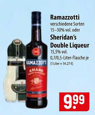 Ramazzotti verschiedene Sorten 15–30% vol. oder Sheridan’s Double Liqueur 15,5% vol. 0,7/0,5-Liter-Flasche je