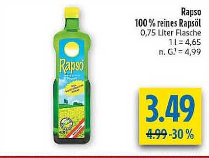 Rapso 100 % reines Rapsöl 0,75 Liter Flasche