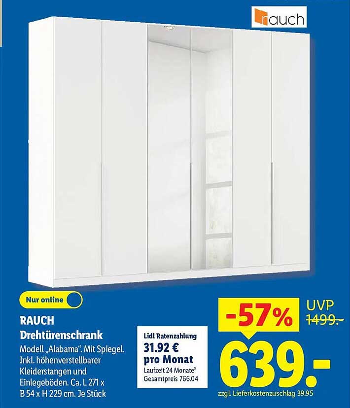 RAUCH Drehtürenschrank Modell „Alabama“. Mit Spiegel. Inkl. höhenverstellbarer Kleiderstangen und Einlegeböden. Ca. L 271 x B 54 x H 229 cm. Je Stück