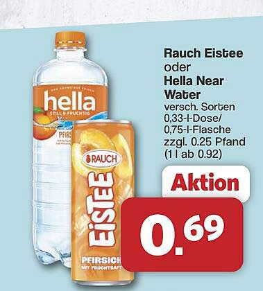 Rauch Eistee oder Hella Near Water versch. Sorten 0,33-l-Dose/ 0,75-l-Flasche zzgl. 0,25 Pfand (1 l ab 0.92)