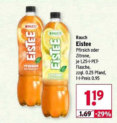 Rauch Eistee Pfirsich oder Zitrone, je 1,25-l-PET-Flasche, zzgl. 0.25 Pfand, 1-l-Preis 0.95