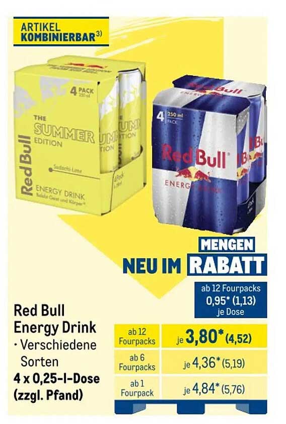 Red Bull Energy Drink - Verschiedene Sorten 4 x 0,25-l-Dose (zzgl. Pfand)