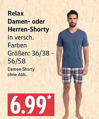 Relax Damen- oder Herren-Shorty in versch. Farben Größen: 36/38 - 56/58