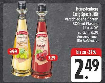 Rengstenberg Essig Spezialität verschiedene Sorten 500 ml Flasche 1 l = 4,98 n. G.¹ = 3,29 Ausgenommen Bio Apfelessig.