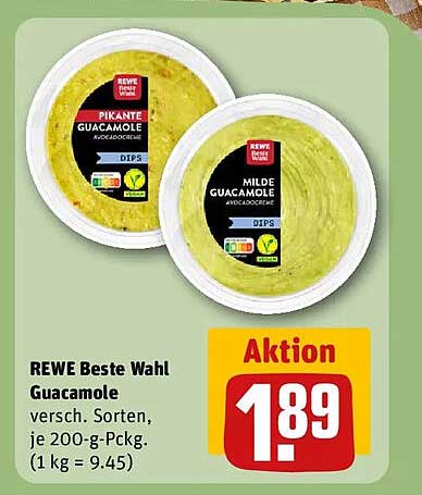 REWE Beste Wahl Guacamole versch. Sorten, je 200-g-Packg. (1 kg = 9.45)