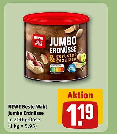 REWE Beste Wahl Jumbo Erdnüsse je 200-g-Dose (1 kg = 5.95)