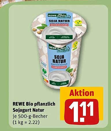 REWE Bio pflanzlich Sojagurt Natur je 500-g-Becher (1 kg = 2.22)