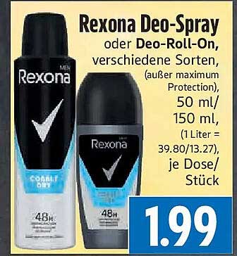 Rexona Deo-Spray oder Deo-Roll-On, verschiedene Sorten, (außer maximum Protection), 50 ml/150 ml, (1 Liter = 39.80/13.27), je Dose/Stück