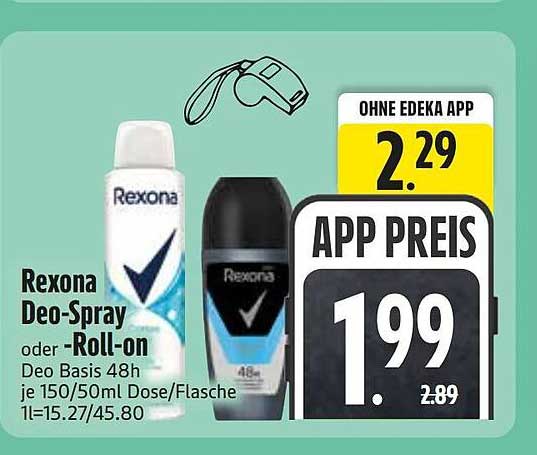 Rexona Deo-Spray oder -Roll-on Deo Basis 48h je 150/50ml Dose/Flasche 1l=15.27/45.80