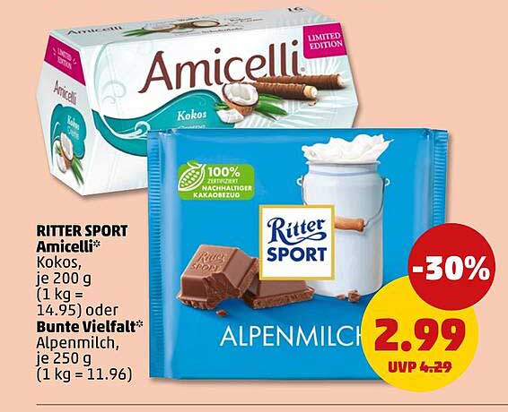 RITTER SPORT Amicelli* Kokos, je 200 g (1 kg = 14.95) oder Bunte Vielfalt* Alpenmilch, je 250 g (1 kg = 11.96)