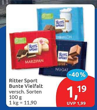 Ritter Sport Bunte Vielfalt versch. Sorten 100 g 1 kg = 11,90