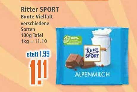 Ritter SPORT Bunte Vielfalt verschiedene Sorten 100g Tafel 1kg = 11.10
