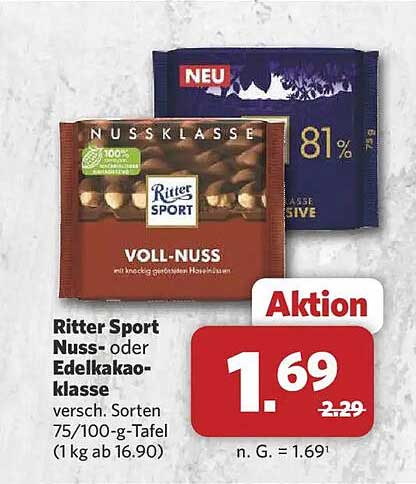 Ritter Sport Nuss- oder Edelkakaoklasse versch. Sorten 75/100-g-Tafel (1 kg ab 16.90)