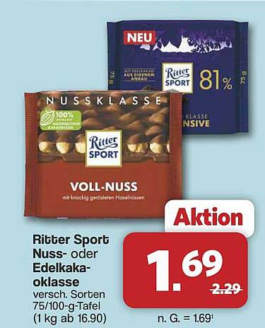 Ritter Sport Nuss- oder Edelkokoladeklasse vorab. Sorten 75/100-g-Tafel (1 kg ab 16.90)