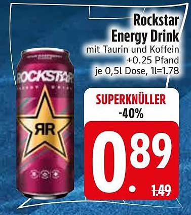 Rockstar Energy Drink mit Taurin und Koffein +0,25 Pfand je 0,5l Dose, 1l=1.78
