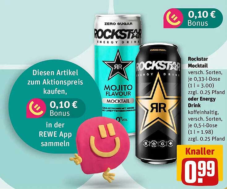 Rockstar Mocktail versch. Sorten, je 0,33-l-Dose (1 l = 3.00) oder Energy Drink koffeinhaltig, versch. Sorten, je 0,5-l-Dose (1 l = 1.98) zzgl. 0.25 Pfand