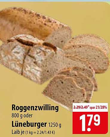Roggenzwilling 800 g oder Lüneburger 1250 g Laib je (1kg = 2.24/1.43 €)