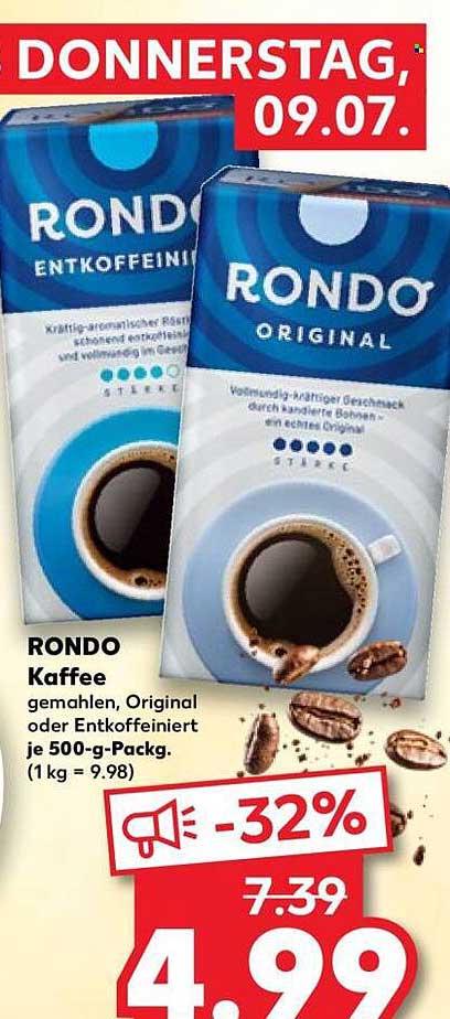 RONDO Kaffee, gemahlen, Original oder Entkoffeiniert, je 500-g-Packg. (1 kg = 9.98)