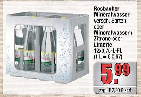 Ronsbacher Mineralwasser versch. Sorten oder Mineralwasser+ Zitrone oder Limette 12x0,75-L-Fl. (1 L = € 0,67)