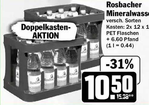 Rosbacher Mineralwasser versch. Sorten Kasten: 2 x 12 x 1 PET Flaschen + 6.60 Pfand (1 l = 0.44)