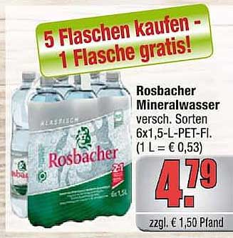 Rosbacher Mineralwasser versh. Sorten 6x1,5-L-PET-Fl. (1 L = € 0,53)