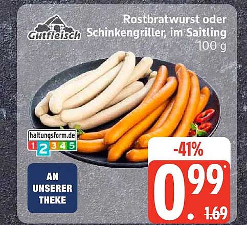 Rostbratwurst oder Schinkengriller, im Saitling 100 g