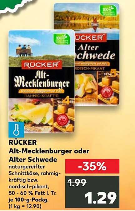 RÜCKER Alt-Mecklenburger oder Alter Schwede naturgereifter Schnittkäse, rahmig-kräftig bzw. nordisch-pikant, 50 - 60 % Fett i. Tr., je 100-g-Packg.