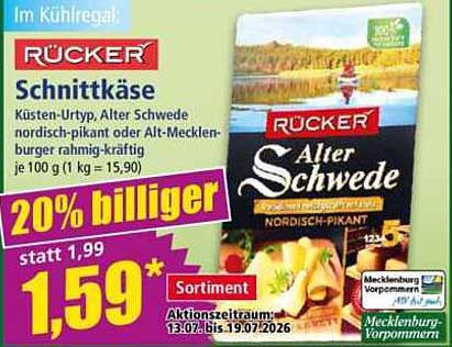 RÜCKER Schnittkäse Küsten-Urtype, Alter Schwede nordisch-pikant oder Alt-Mecklenburger rahmig-kräftig je 100 g (1 kg = 15,90)