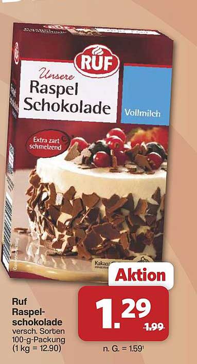 Ruf Raspel-schokolade versch. Sorten 100-g-Packung (1 kg = 12.90)