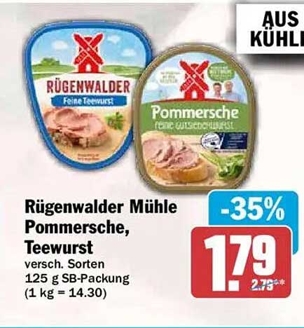 Rügenwalder Mühle Pommersche, Teewurst versch. Sorten 125 g SB-Packung (1 kg = 14.30)