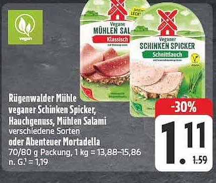 Rügenwalder Mühle veganer Schinken Spicker, Hauchgenuss, Mühlen Salami verschiedene Sorten oder Agentauer Mortadella 70/80 g Packung, 1 kg = 13,88–15,86 n. G. = 1,19