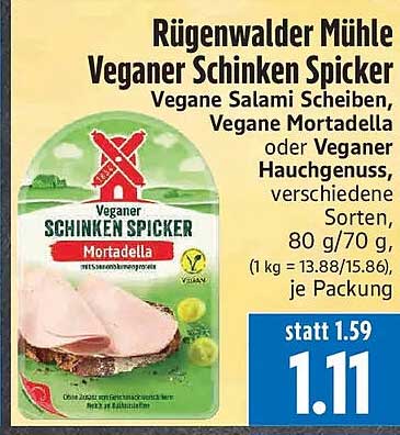 Rügenwalder Mühle Veganer Schinken Spicker Vegane Salami Scheiben, Vegane Mortadella oder Veganer Hauchgenuss, verschiedene Sorten, 80/70 g, (1 kg = 13.88/15.86), je Packung