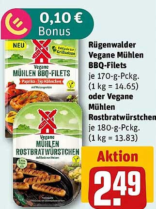 Rügenwalder Vegane Mühlen BBQ-Filets je 170-g-Packg. oder Vegane Mühlen Rostbratwürstchen je 180-g-Packg.