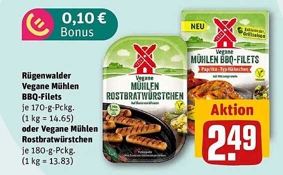 Rügenwalder Vegane Mühlen BBQ-Filets je 170-g-Pckg. (1 kg = 14.65) oder Vegane Mühlen Rostbratwürstchen je 180-g-Pckg. (1 kg = 13.83)