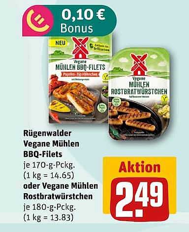 Rügenwalder Vegane Mühlen BBQ-Filets je 170-g-Pckg. (1 kg = 14.65) oder Vegane Mühlen Rostbratwürstchen je 180-g-Pckg. (1 kg = 13.83)