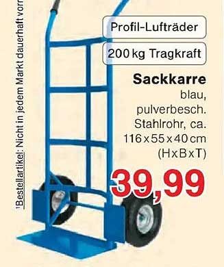 Sackkarre blau, pulverbesch. Stahlrohr, ca. 116 x 55 x 40 cm (HxBxT)