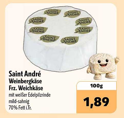 Saint André Weinbergkäse Frz. Weichkäse mit weißer Edelpilzrinde mild-sahnig 70% Fett i.Tr.
