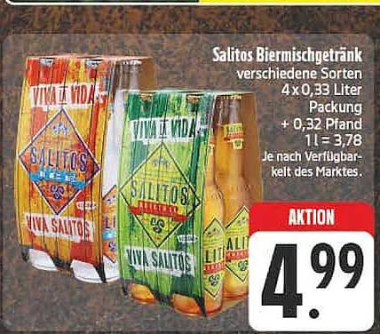 Salitos Biermischgetränk verschiedene Sorten 4 x 0,33 Liter Packung + 0,32 Pfand 1 l = 3,78 Je nach Verfügbarkeit des Marktes.