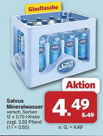 Salvus Mineralwasser versch. Sorten 12 x 0,75-l-Kiste zzgl. 3,30 Pfand (1 l = 0.50)