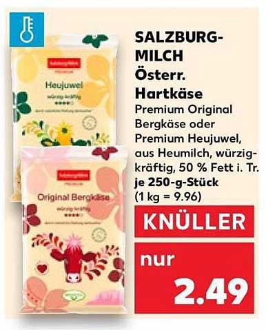 SALZBURG-MILCH Österr. Hartkäse Premium Original Bergkäse oder Premium Heujuwel, aus Heumilch, würzig-kräftig, 50 % Fett i. Tr., je 250-g-Stück (1 kg = 9.96)