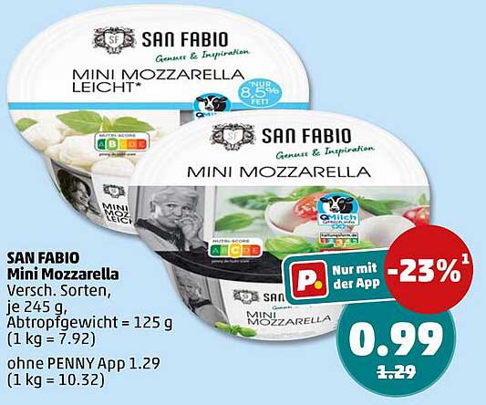 SAN FABIO Mini Mozzarella Versch. Sorten, je 245 g, Abtropfgewicht = 125 g (1 kg = 7.92)