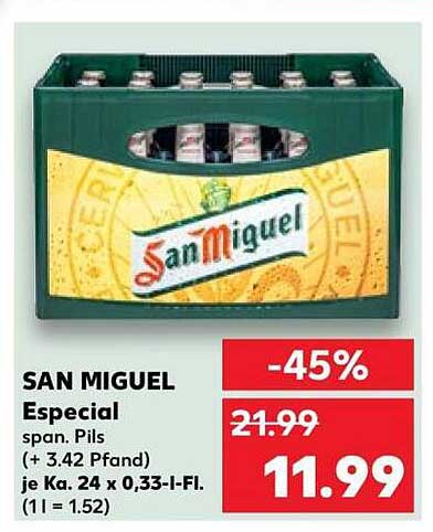 SAN MIGUEL Especial span. Pils (+ 3.42 Pfand) je Kz. 24 x 0,33-l-Fl. (1 l = 1.52)