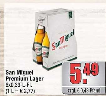 San Miguel Premium Lager 6x0,33-L-Fl. (1 L = € 2,77)