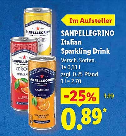 SANPELLEGRINO Italian Sparkling Drink Versch. Sorten. Je 0,33 l zzgl. 0.25 Pfand 1 l = 2.70