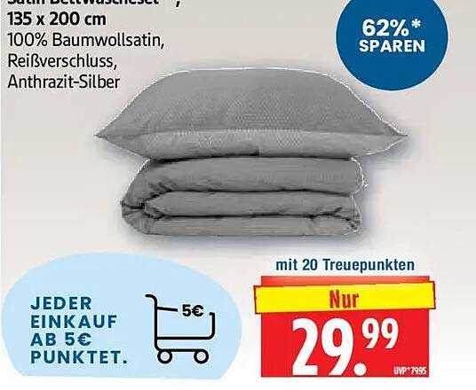 Satin Bettwäsche 135 x 200 cm 100% Baumwollsatin, Reißverschluss, Anthrazit-Silber