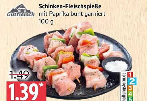 Schinken-Fleischspieße mit Paprika bunt garniert 100 g