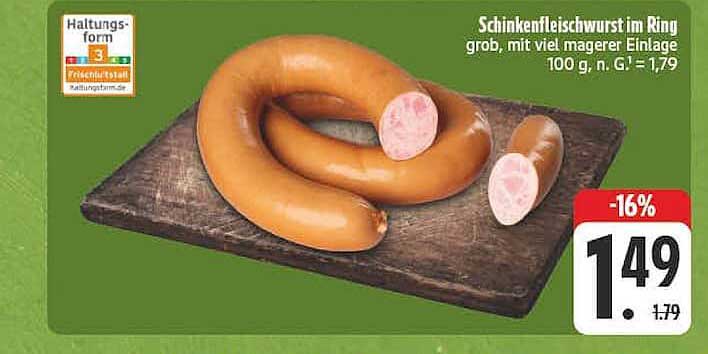 Schinkenfleischwurst im Ring grob, mit viel magerer Einlage